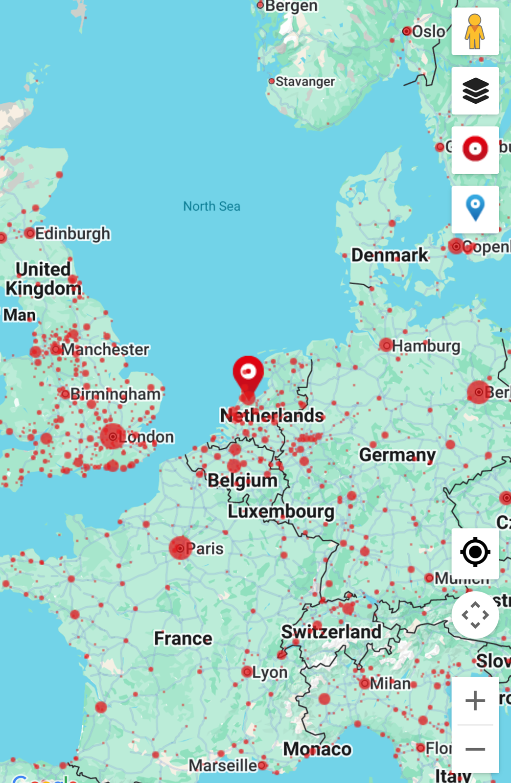 Kaart van Europa met locaties van platenzaken voor vinylliefhebbers die tijdens het reizen nieuwe lp’s willen ontdekken.