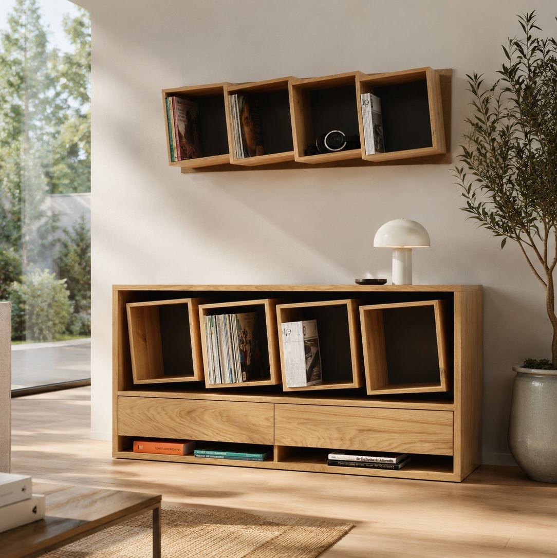 Sinfonic Audio platen-sideboard van massief wildeiken met vier schuine LP-vakken